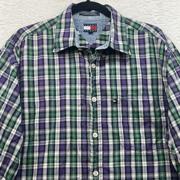 Vintage Tommy Jeans Shirt Mens Large Purple Green Tartan Plaid Button Down Logo - Picture 4 of 12